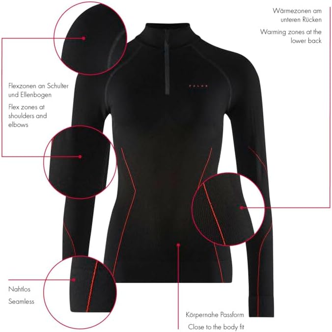 FALKE Damen Maximum Warm High Zip Neck Funktionsshirt Langarm schnelltrocknendes atmungsaktives nach