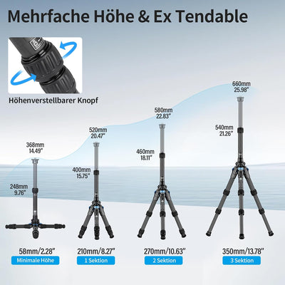 SIRUI AM-223+SL-100 Mini Carbon Tisch Stativ mit ausziehbarer Mittelsäule,Leicht Foto Ministativ Tis