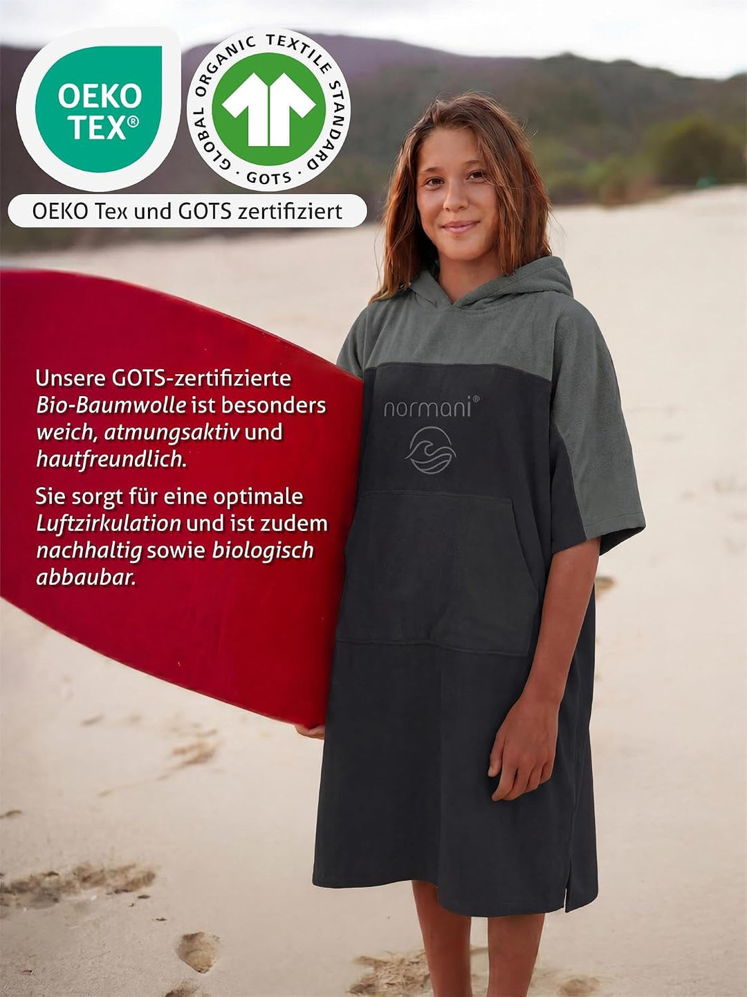 normani Teenager Frottee Badeponcho aus Bio-Baumwolle für Jungen und Mädchen - Strandponcho Surfer P