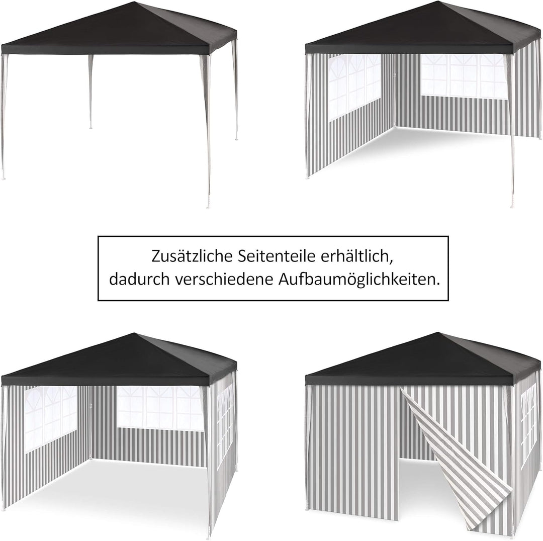 Pavillon 3x3 m in anthrazit weiss gestreift PE Plane 100g/m² + 4 Seitenteile 3 mit Fenster Partyzelt
