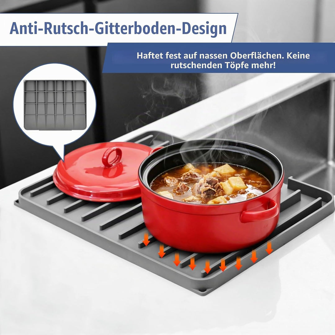 Silikon Abtropfmatte Geschirr, Grau, 40x33x2cm | Ohne Falten, Schrägdesign mit Ablauföffnung, Hitzeb