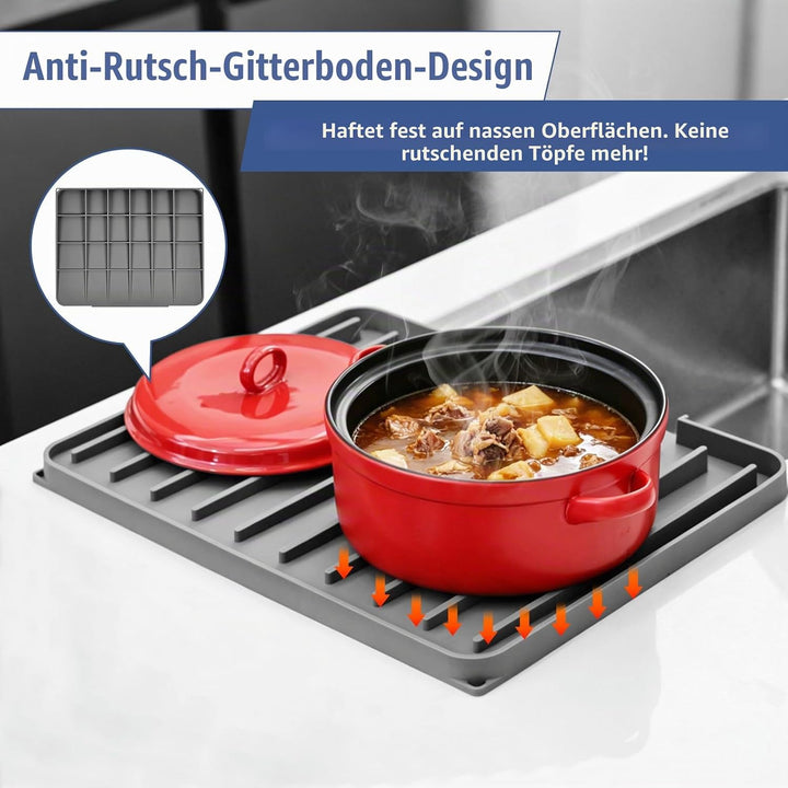 Silikon Abtropfmatte Geschirr, Grau, 40x33x2cm | Ohne Falten, Schrägdesign mit Ablauföffnung, Hitzeb