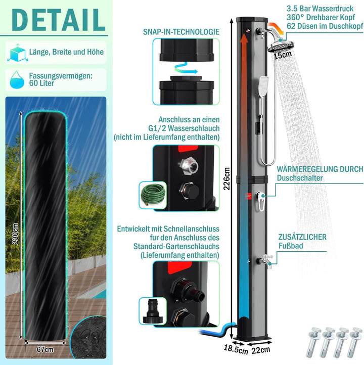 Solardusche 60L Solar Gartendusche warmes Wasser Bis Zu 60°C Ohne Stromanschluss mit Handbrause und