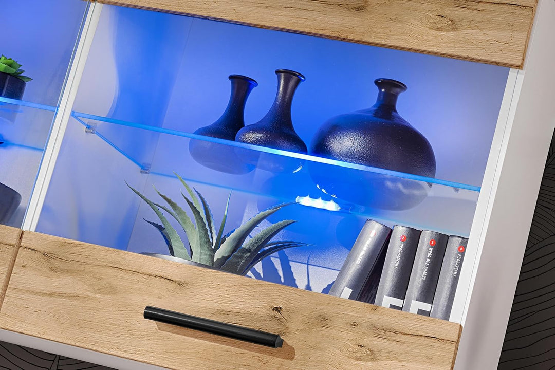 Komodee, Vitrine Schrank Savona, Wotan/Weiss, Breite 100cm x Höhe 50cm x Tiefe 30cm, ohne LED, 2 Gla