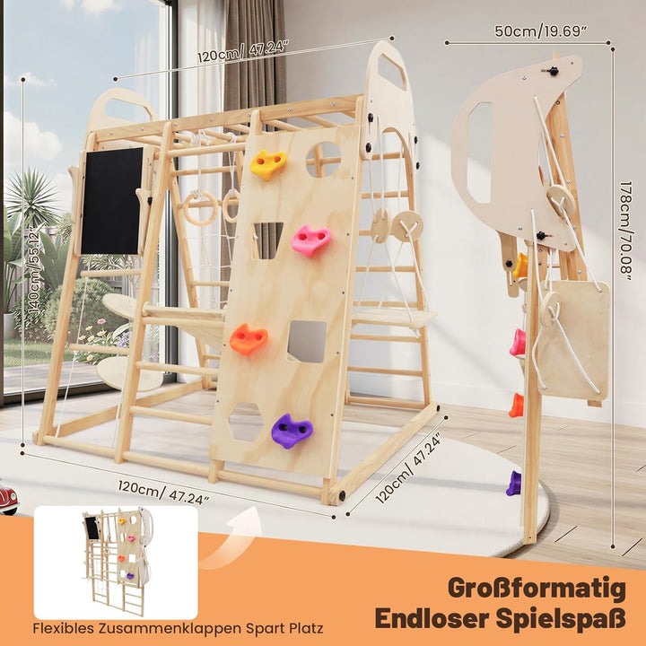 Maxi Klettergerüst Indoor, 12 in 1 Montessori Indoor Spielplatz Klappbar für Kinder aus Massivem Hol