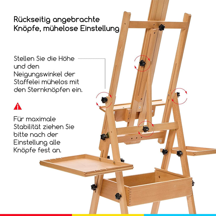 MEEDEN Staffelei Holz Gross mit Stauraum: Verstellbare Künstlerstaffelei aus Massivem Buchenholz - H