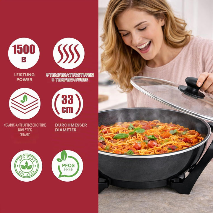 BEPER P101COS100 Elektrischer Wok, 33 cm, 1500 W, Antihaft-Keramik-Wok mit einstellbarem Thermostat,