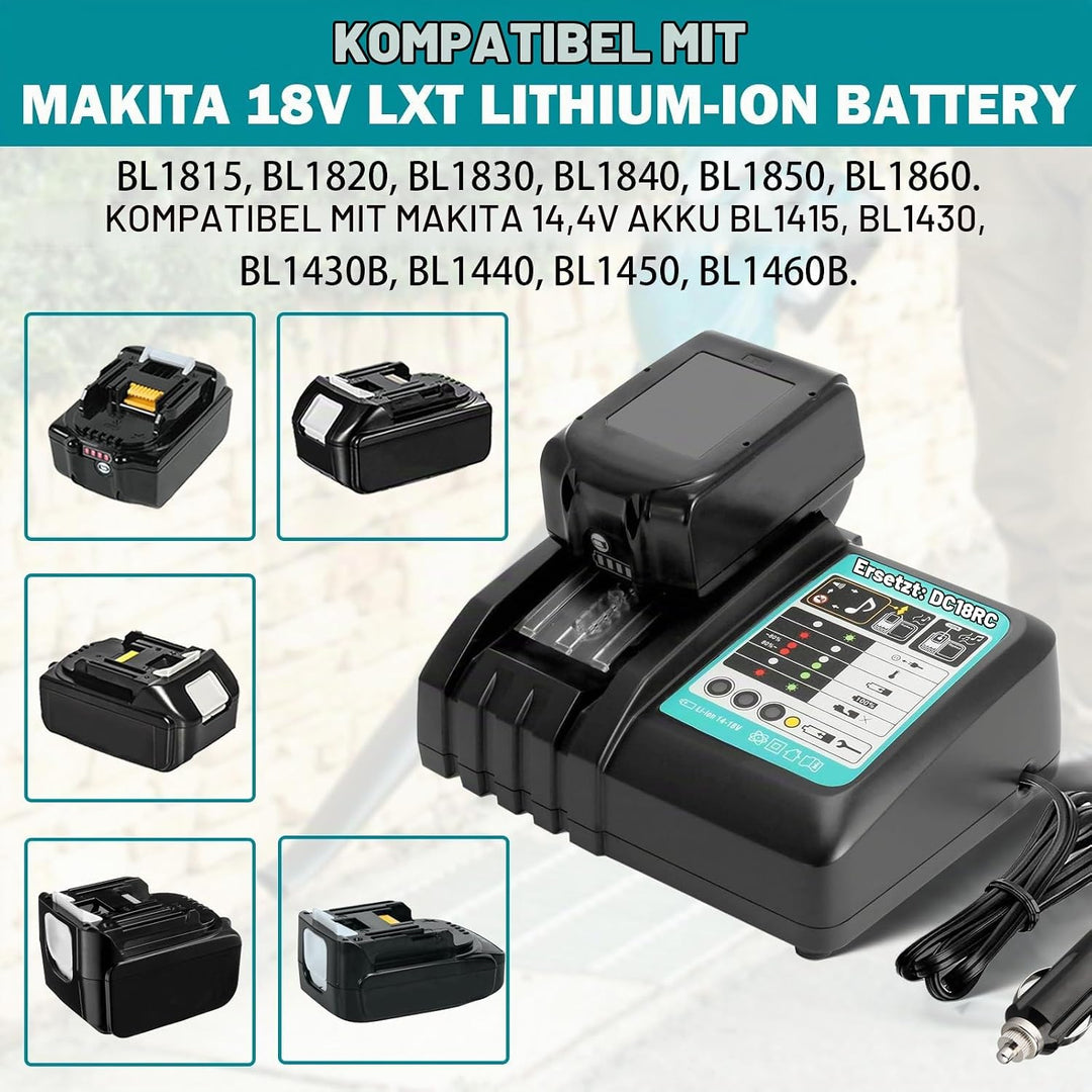 DC18RC Auto Schnellladegerät für Makita Akku 14,4V-18V, Kompatibel mit Makita Akku BL1850 BL1840B BL