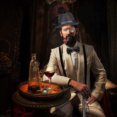 WILDPARTY 20er Jahre Kostüm Herren Accessoires, Faltbarer Krücken Metall, Fedora Hut, Gläser, Fliege