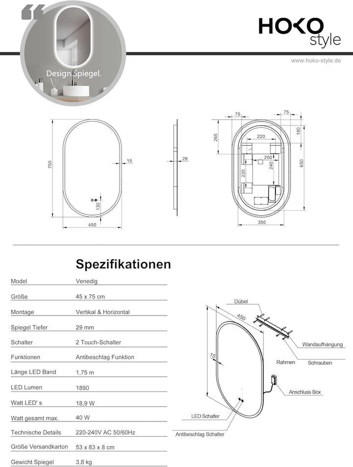 HOKO Design LED ANTIBESCHLAG Badezimmer Spiegel oval 45 x 75 cm. HOCH + QUER Montage möglich. Badspi