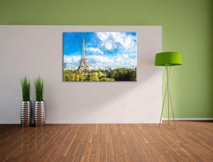 Riesiger Eiffelturm in Paris Pinsel Effekt, Format: 100x70 auf Leinwand, XXL riesige Bilder fertig g
