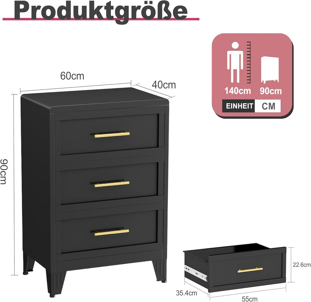 90㎝ Hoche Kommode für Schlafzimmer 3 Schubladen, Metallkomode, Runde Schubladenschrank für Zuhause,