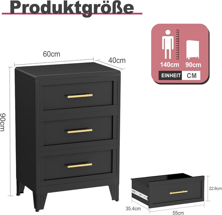 90㎝ Hoche Kommode für Schlafzimmer 3 Schubladen, Metallkomode, Runde Schubladenschrank für Zuhause,