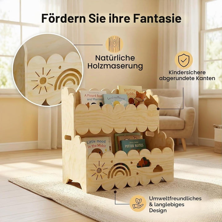 Kinder Bücherregal Holz, 2-Stöckiges Kinderbücherregal Montessori-Bücherregal Bücherkiste Kinder Wol