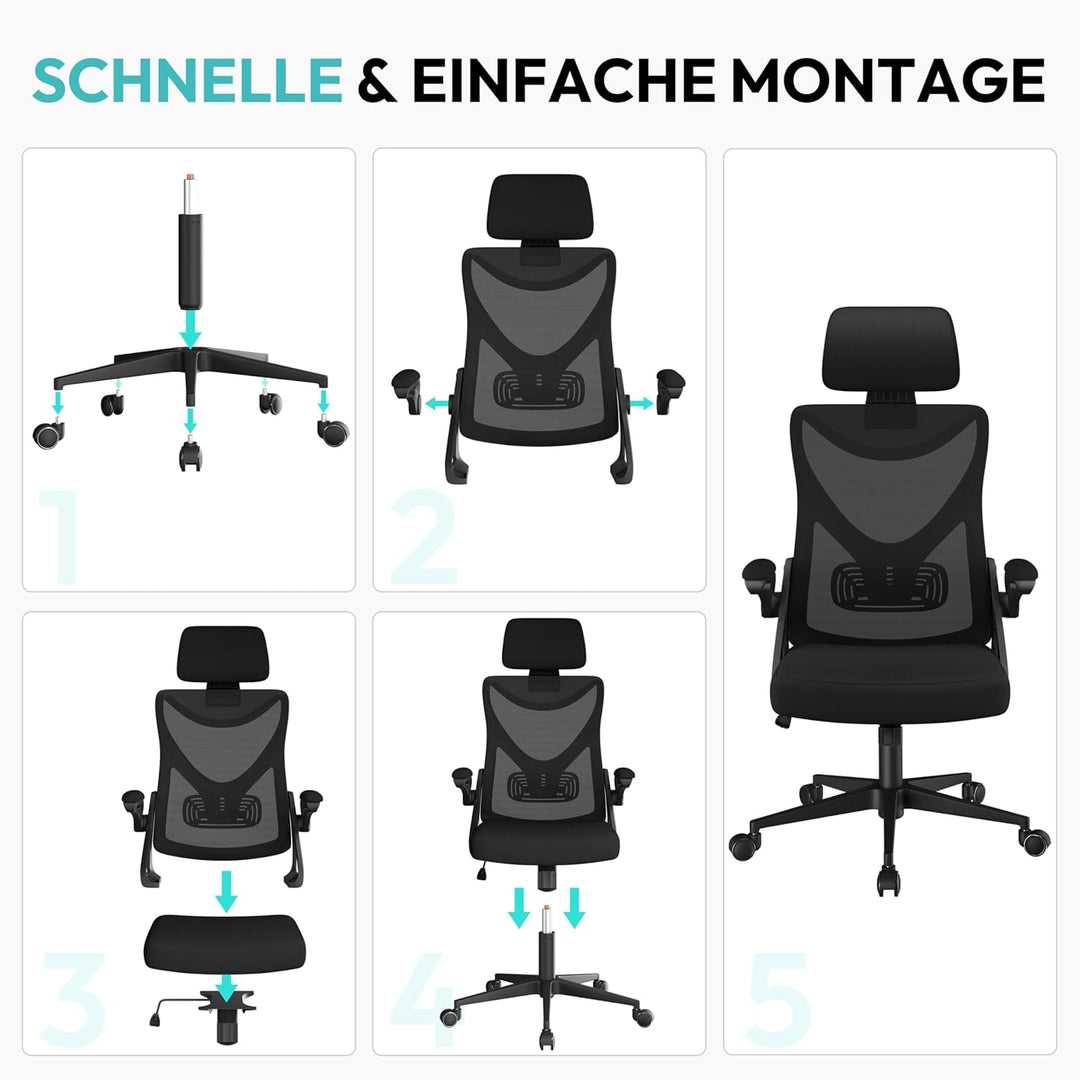 Yaheetech Bürostuhl Ergonomisch, Schreibtischstuhl mit Hochklappbaren Armlehnen, Drehstuhl mit Rücke
