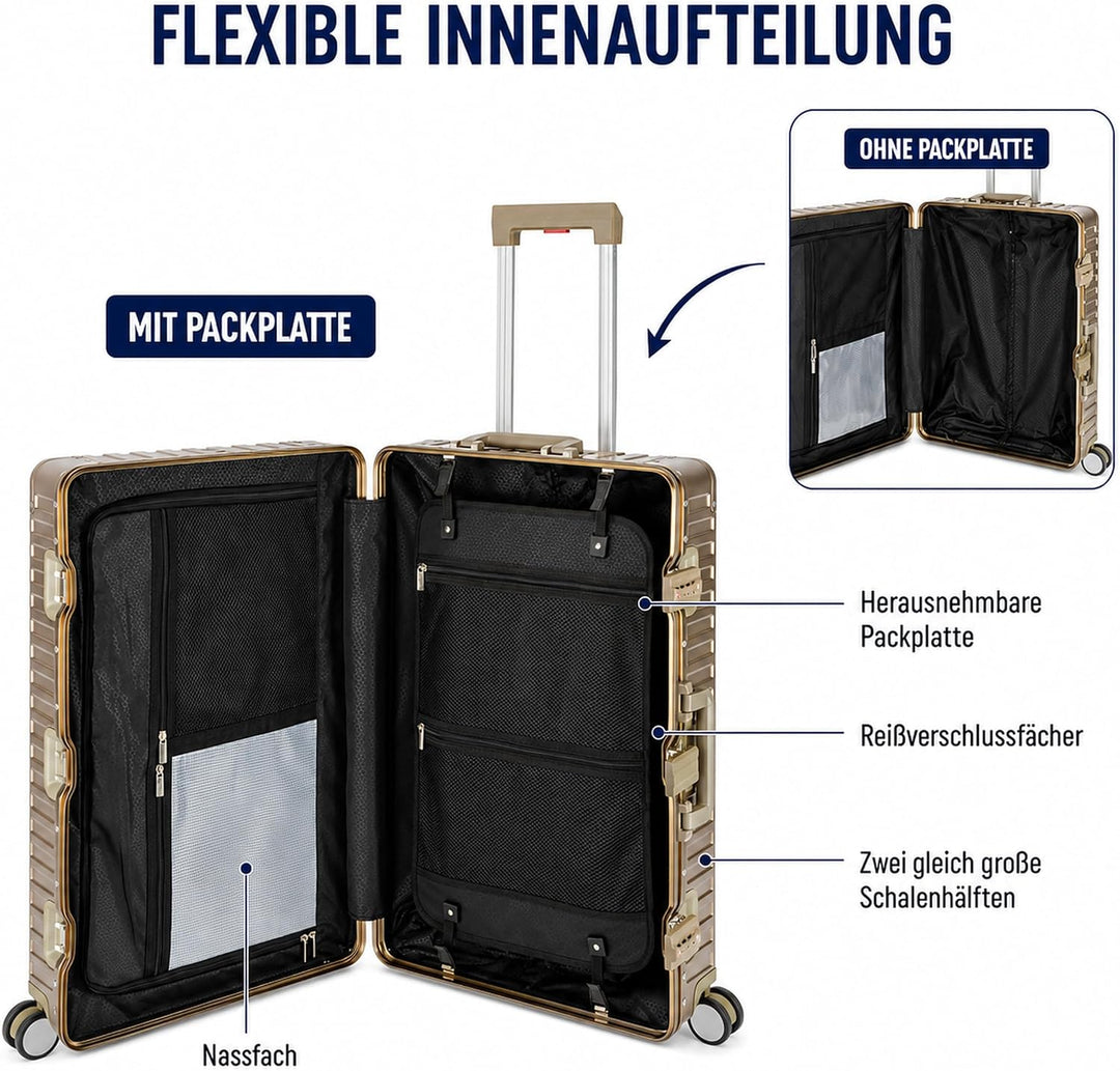 Travelhouse Tokyo Alu Reisekoffer Champagner S-55cm &amp; XL-78cm Hartschalenkoffer Reise Trolley Koffer