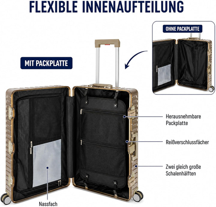 Travelhouse Tokyo Alu Reisekoffer Champagner S-55cm &amp; XL-78cm Hartschalenkoffer Reise Trolley Koffer