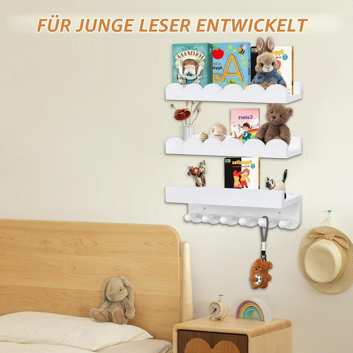 Rainmae Wandregal Kinderzimmermit Holzhaken,Bücherregal Kinder, 40cm 3er-Set, Regal Kinderzimmer ide