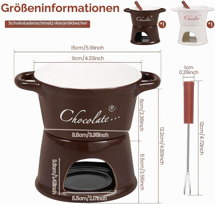 Goshoppers 2 Stück Mini Schokofondue Tasse Käsefondue Set Keramik Schokobecher mit Gabeln Schokolade