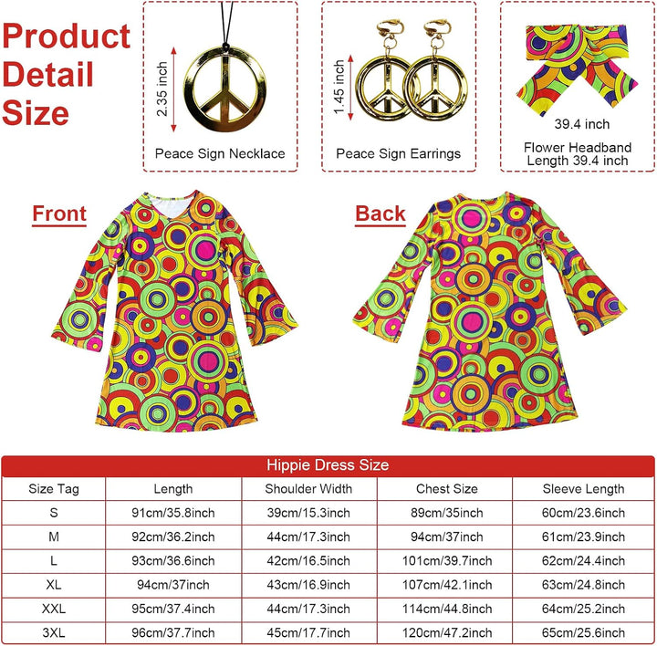 Damen-Hippie-Kleid, 1970er-Kostüm, mit Halskette, Ohrringen, Sonnenbrille, Disco-Outfit, 1960er-Part