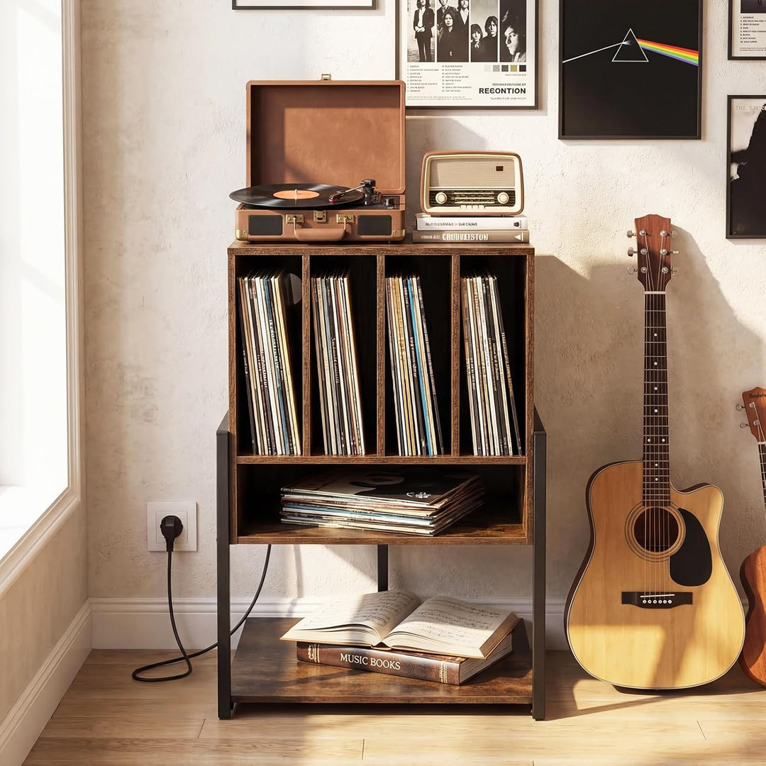 FANTASK Plattenspielerständer mit Ladestation, Vinyl Schallplattentisch mit breiter Tischplatte, 4 T