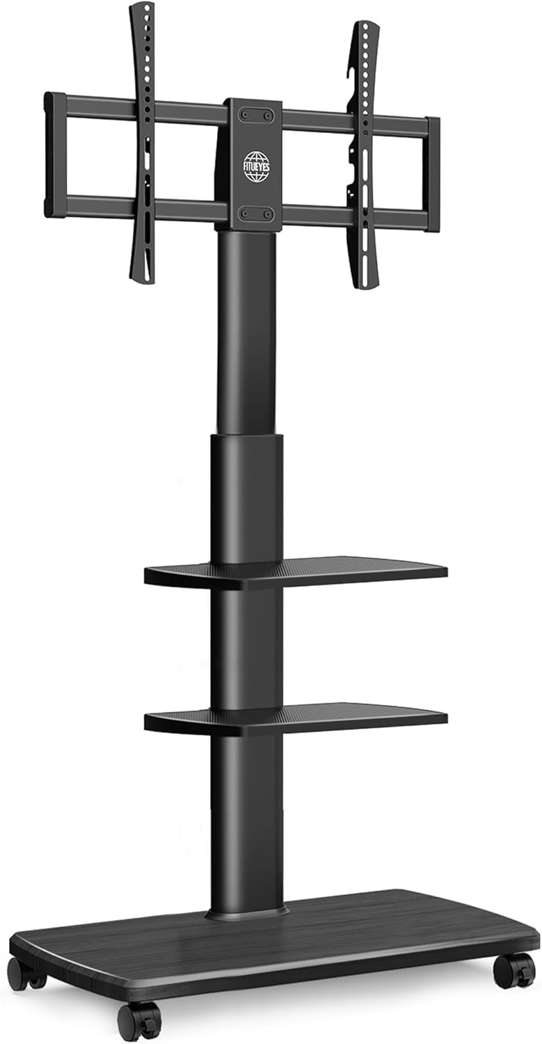 FITUEYES TV Bodenständer Rollbar mit 3 Ablagen TV Standfuss TV Ständer Fernsehstand mit Rollen höhen