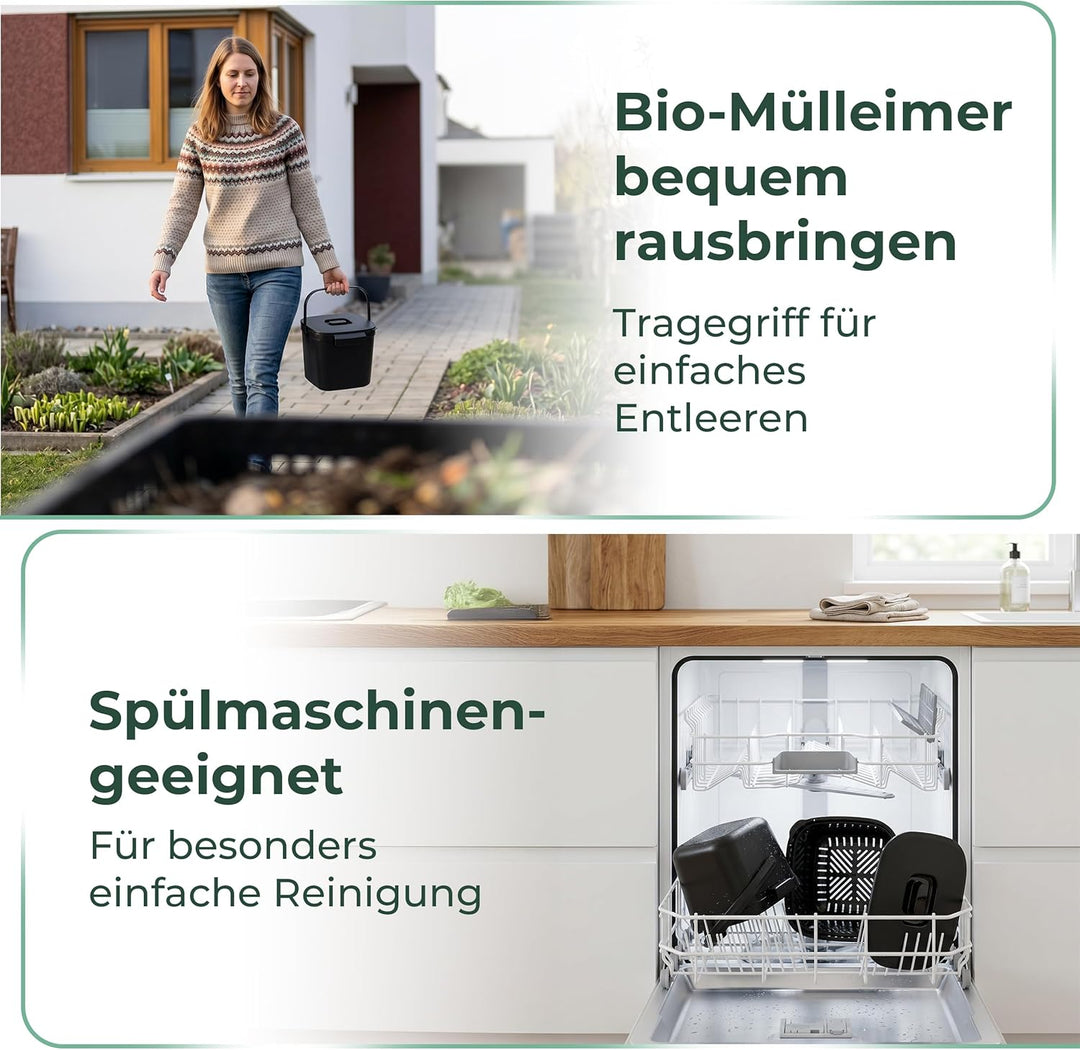 Novaliv Bio-Tischmülleimer 5L Schwarz 2er-Set mit Sieb, Komposteimer Küche mit Klappdeckel, Tragegri