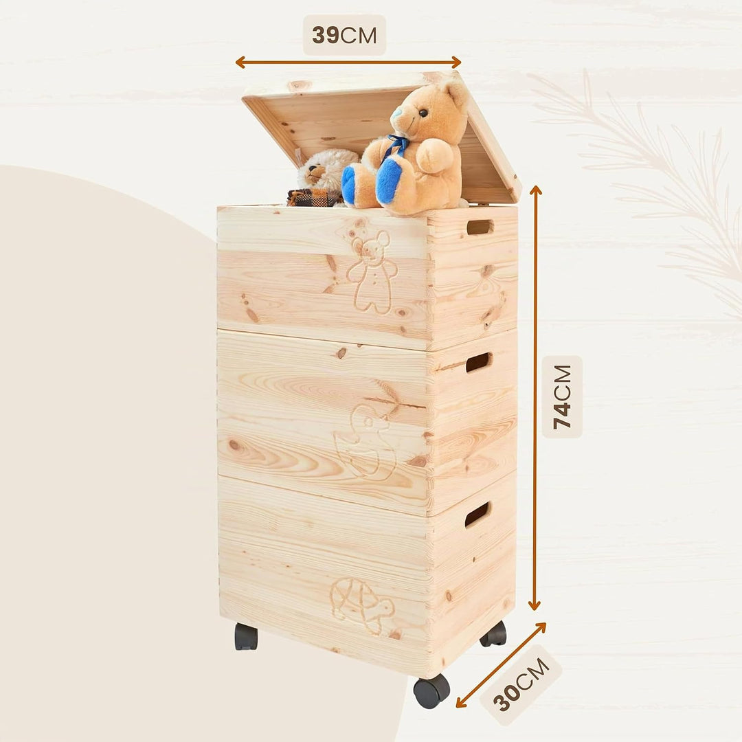 PINUS - Spielzeugkiste Holz mit Deckel 3-in-1, Spielzeug Aufbewahrung Motiv, 39x30x74 cm, Aufbewahru