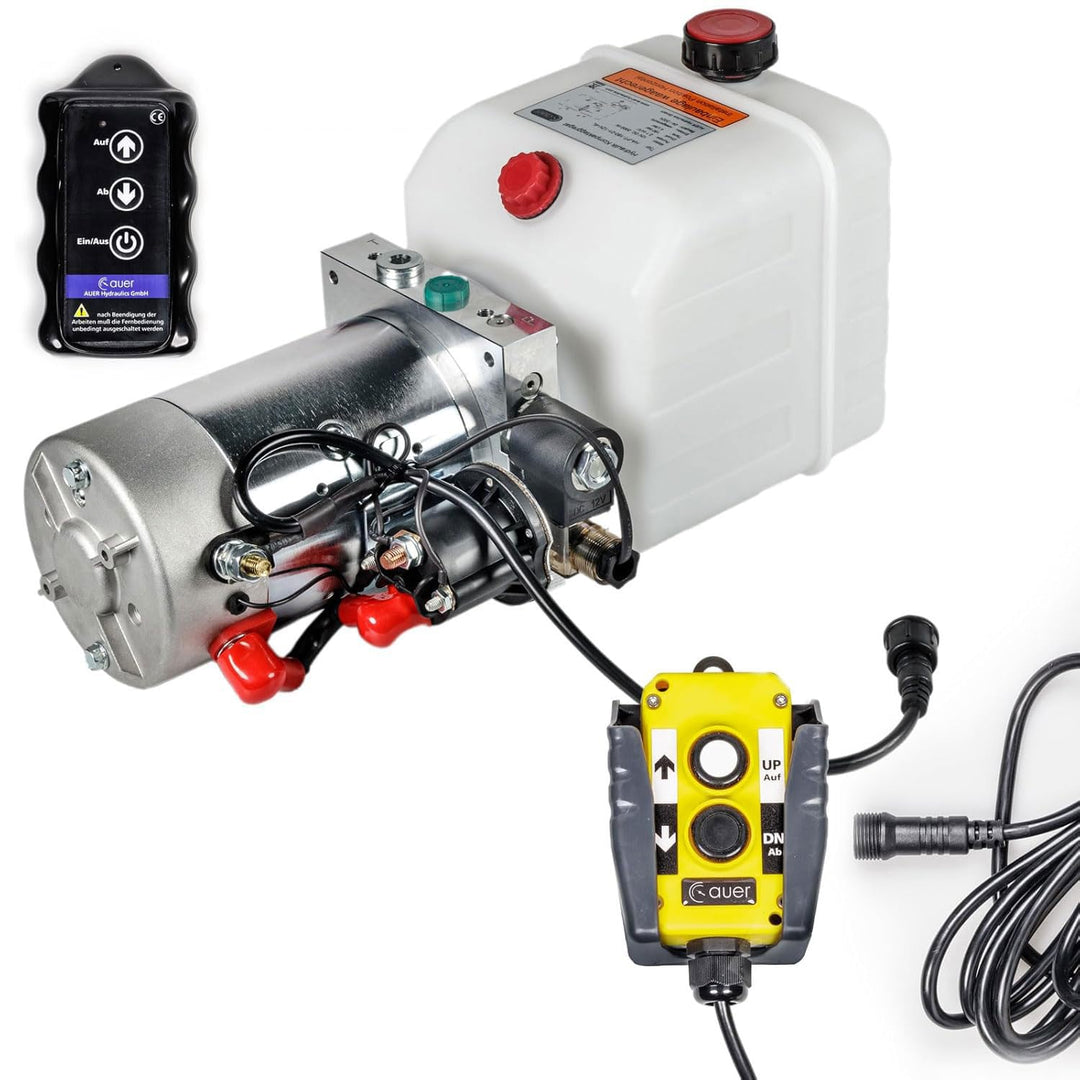 Hydraulikaggregat HYDRAF, Hydraulikpumpe mit 4 Liter Tank und Kabelfernbedienung + Funkfernbedienung