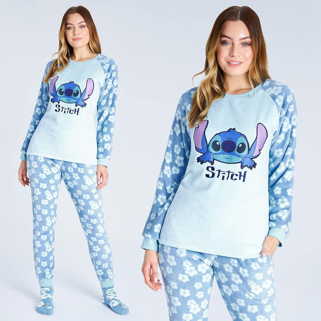 Disney Schlafanzug Damen mit Kuschelsocken Set Charaktere Stitch Geschenke Set L Blau Stitch, L Blau
