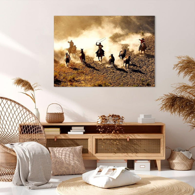 ARTTOR Bilder auf Leinwand 100x70cm Leinwandbild Cowboys Pferde Galopp Gross Wanddeko Bild Schlafzim