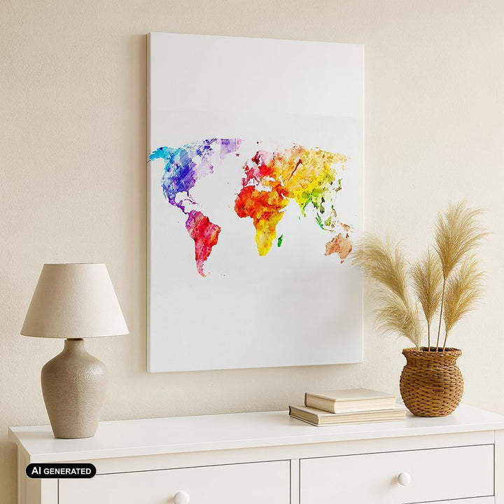 Bilder auf Leinwand Welt Karte Bunt Kontinente Leinwandbild mit Rahmen 45x80cm Wandbilder Dekoration