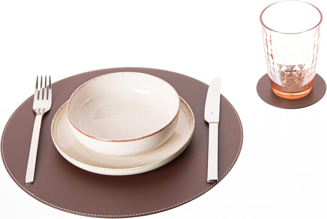 Nikalaz Rund Platzsets und Untersetzer aus Recyceltem Leder, 4 Stück Tischsets, Platzdeckchen 33 cm