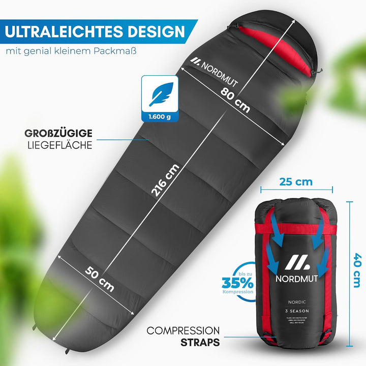 NORDMUT® Schlafsack Erwachsene – kleines Packmass & Ultraleicht (900/1500g) – 3-Jahreszeiten (250 GS