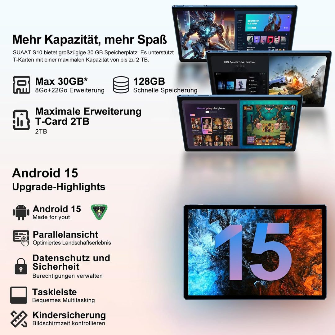 Tablet 10.1 Zoll Android 15 Tablet 【30 GB RAM + 128 GB ROM+2TB】【Gemini AI】, Widevine L1, Octa Core,