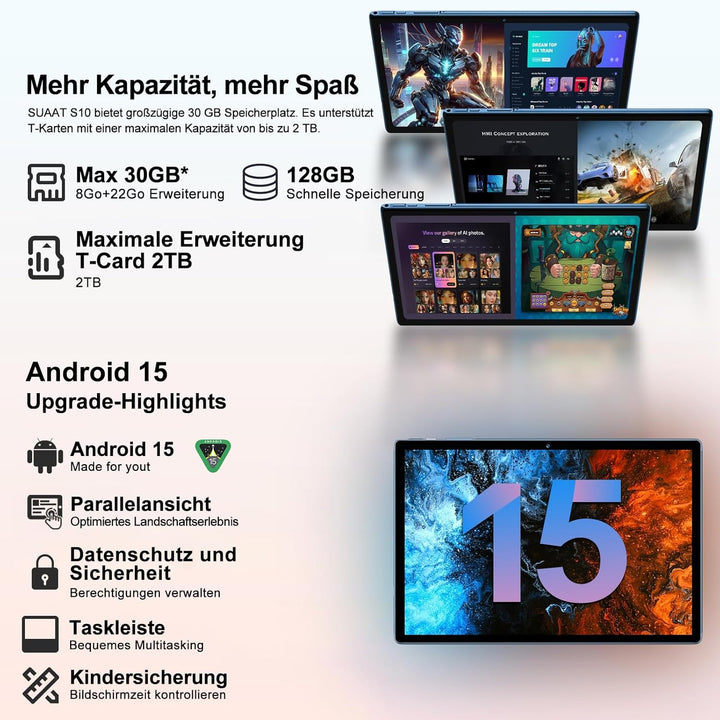 Tablet 10.1 Zoll Android 15 Tablet 【30 GB RAM + 128 GB ROM+2TB】【Gemini AI】, Widevine L1, Octa Core,
