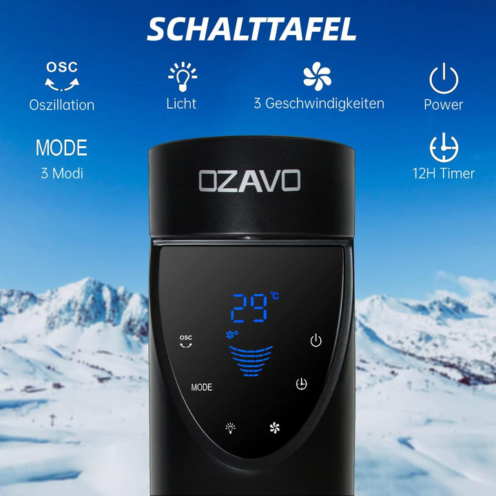 OZAVO Turmventilator mit Fernbedienung und LED-Display, 3 Geschwindigkeitsstufen Fan, Standventilato
