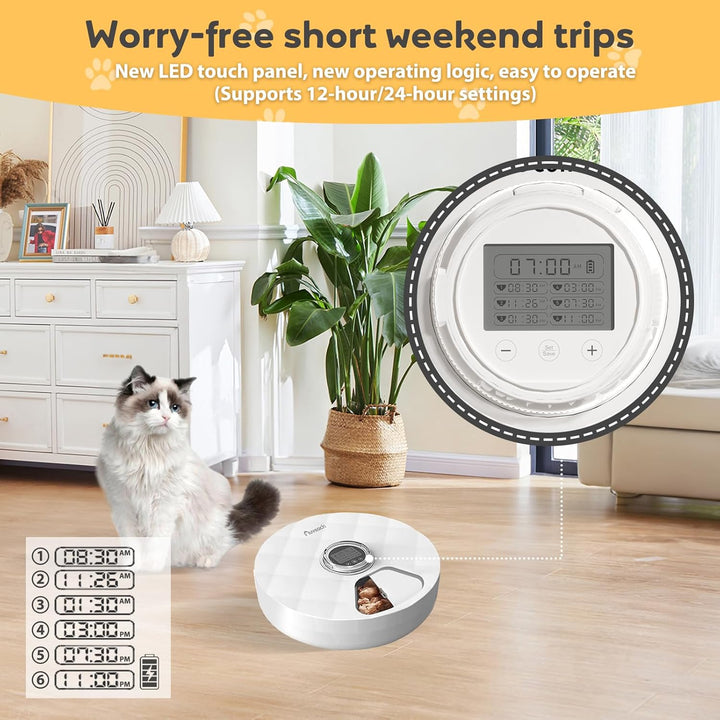 Auveach Futterautomat Katze Nassfutter Automat mit 2 Kühlakkus/Programmierbarem Timer, 6 Mahlzeiten