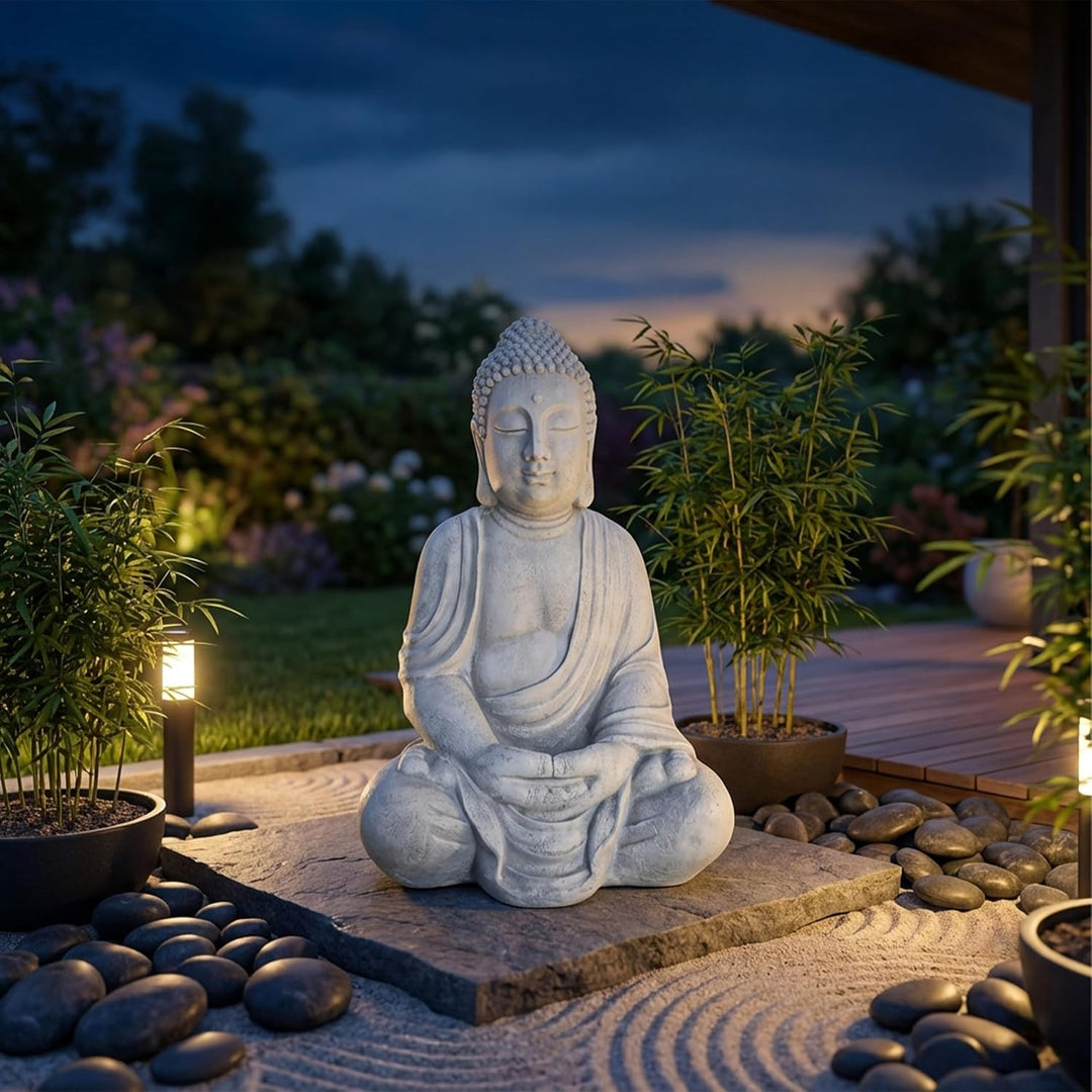 Relaxdays Buddha Figur sitzend, XL 70 cm, Gartenfigur, Vintage Dekofigur Wohnzimmer, wetterfest, fro