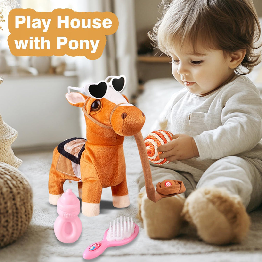 Marsjoy Braun Plüschtier Interaktives Pony Spielzeug Pferd der Läuft und Bellt, Kinder Mädchen Spiel