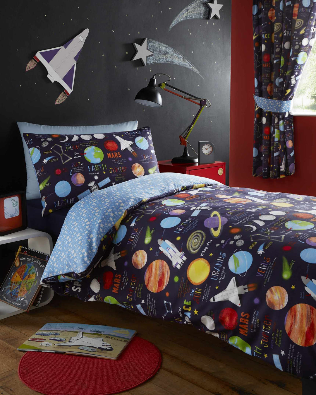 Kidz Club Bettbezug für Einzelbett und EIN Kissenbezug, Planetenmotiv, Schwarz, PPLAD1, Dunkelblau,
