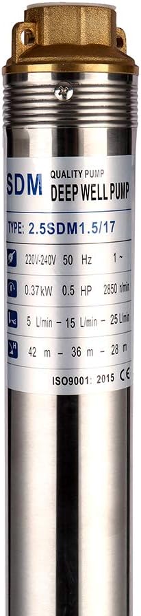 Edelstahl Tiefbrunnenpumpe Tauchpumpe 2.5 Zoll, 370W, 2800 L/H Garten/bewässerung oder Heimgebrauch