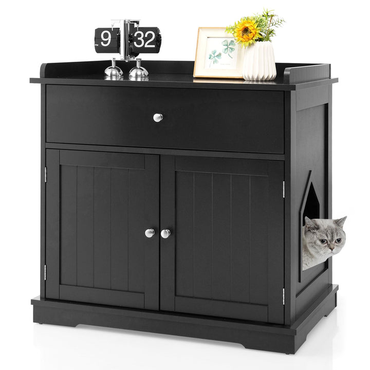 GOPLUS 3 in 1 Katzenschrank, Katzenklo mit Schubladen, Doppeltüren und Katzenlöchern, versteckte Kat