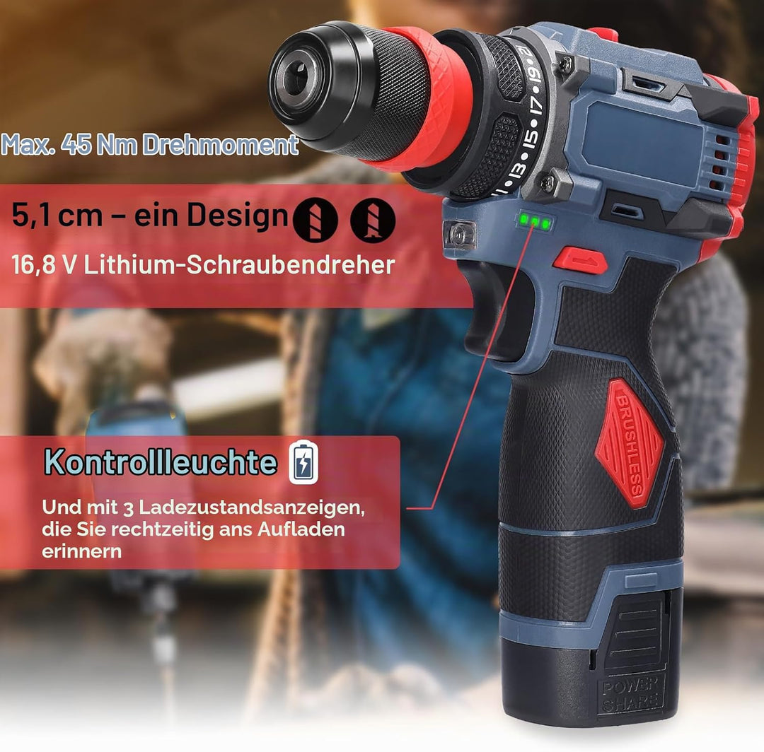 Weytoll 16,8V Akku-Bohrschrauber, Akkuschrauber, 2 * 1300-mAh-Akkus, max. 45 Nm, 21+1 Drehmomenteins