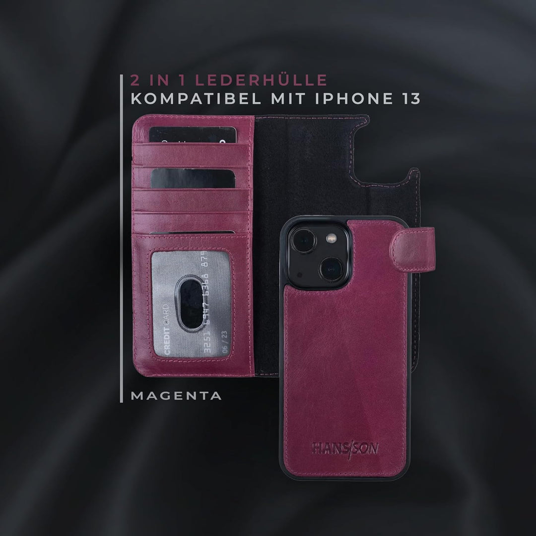 HANS/SON Hülle aus Echtleder kompatibel mit iPhone 13, Magenta, Lederhülle mit Kartenfächern, abnehm