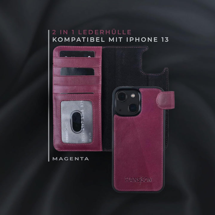 HANS/SON Hülle aus Echtleder kompatibel mit iPhone 13, Magenta, Lederhülle mit Kartenfächern, abnehm