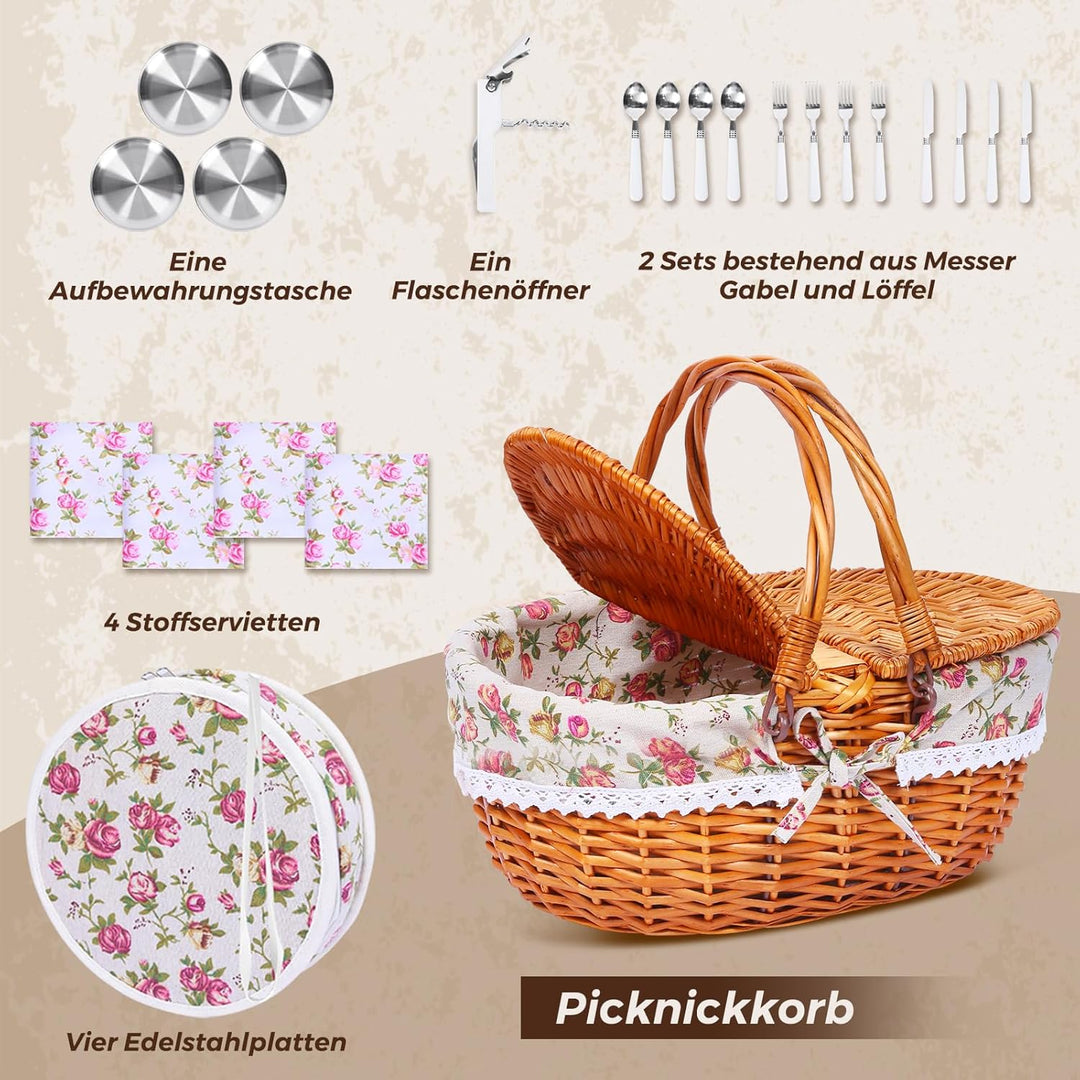 Picknickkorb-Set aus Weide für 4 Personen mit Deckel und Griff. Picknickkorb mit waschbarem Futter u