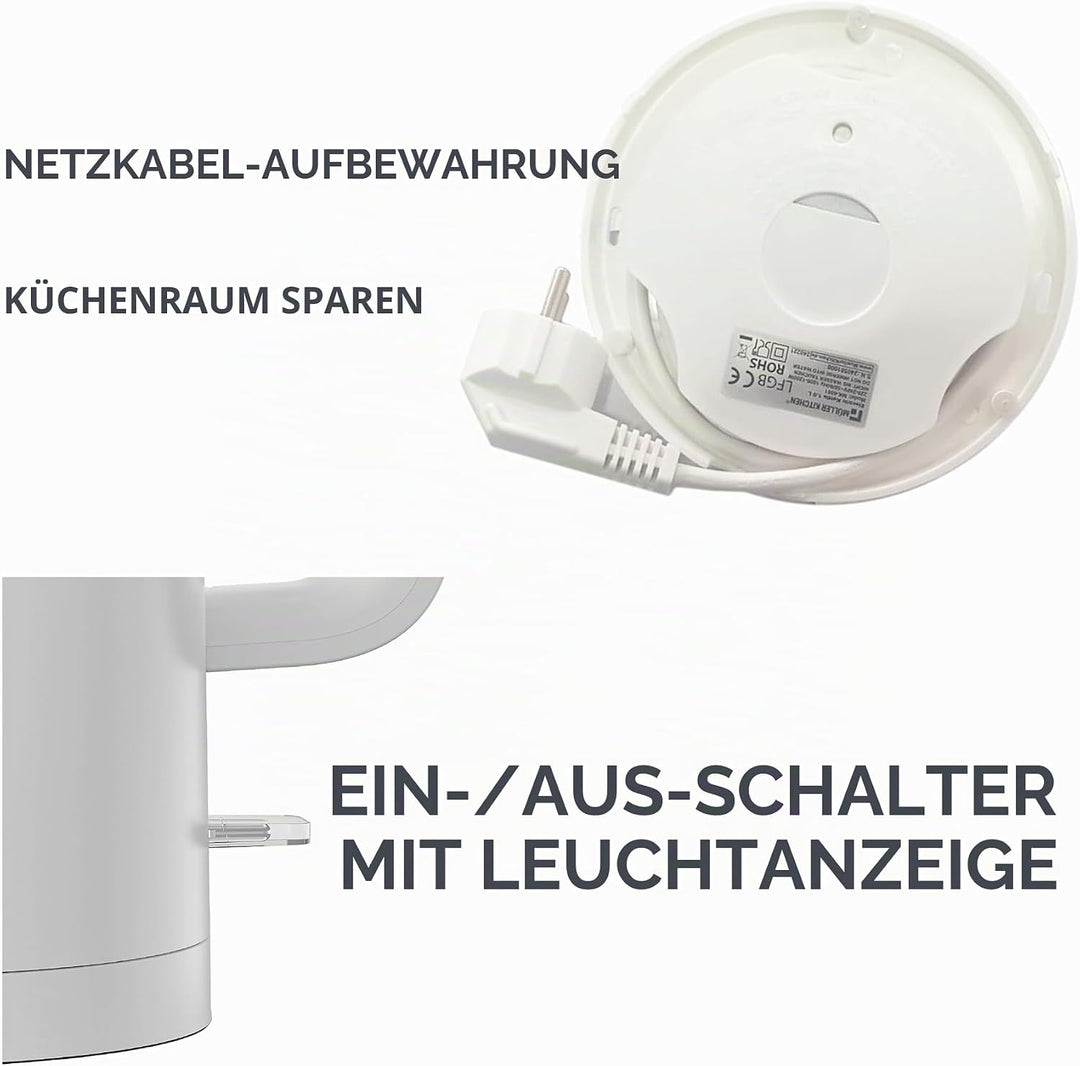 Muller Kitchen MK-6061 Elektrischer Wasserkocher, 1 l, 1000 W, doppelwandig, 360-Grad-Drehfuss, auto