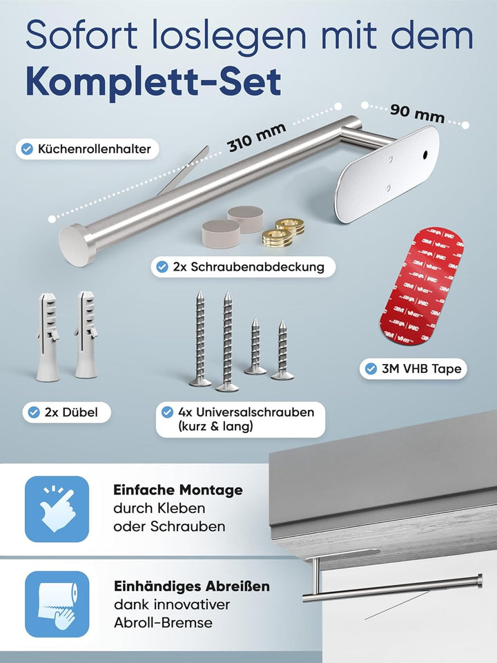 WOHNHELD® Küchenrollenhalter ohne Bohren [Mit Abroll-Bremse] für einhändiges Abreissen - Edelstahl S