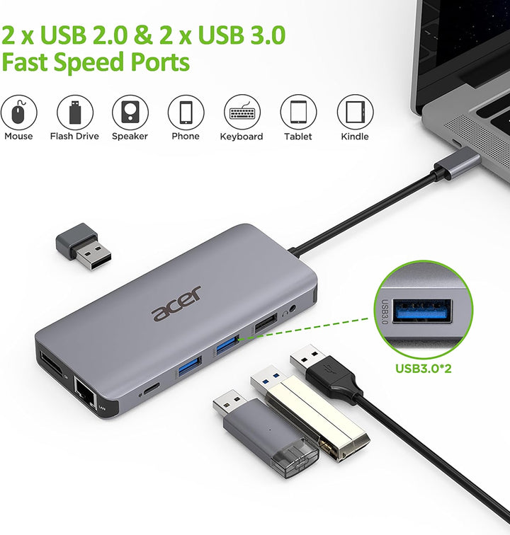 Acer 12-in-1 Mini Dock (USB Type-C zu 1x USB Type-C (w PD), 2x USB 3.2, 2x USB 2.0, 2x HDMI, 1x Disp